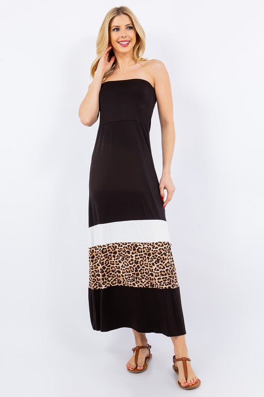 Celeste Full Size Leopard Color Block Tube Maxi Dress Plus Size