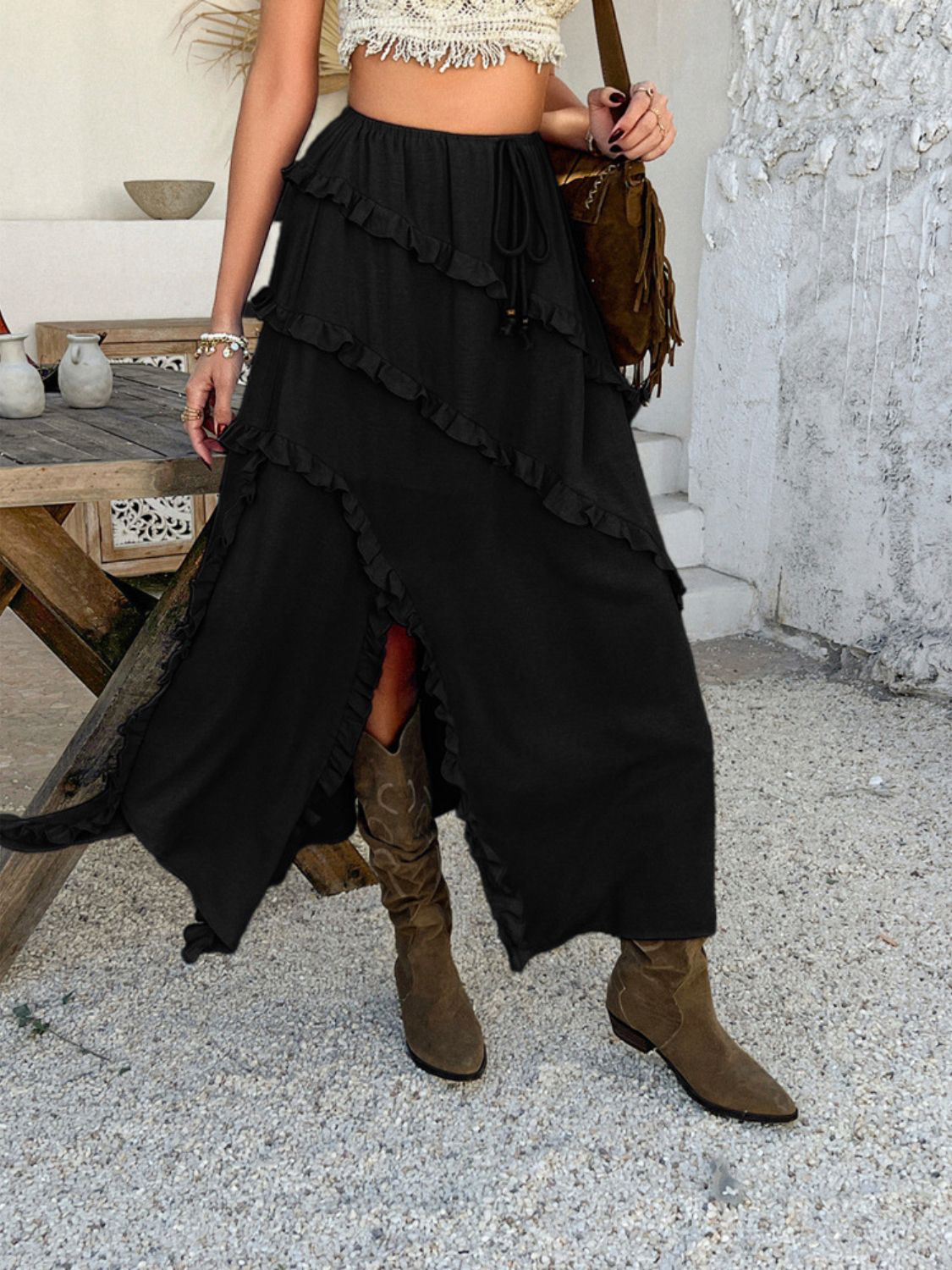 Devine Slit Drawstring Ruffled Skirt