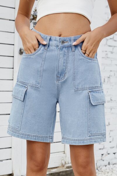 High Rise Denim Shorts with Cargo Pockets - felvior