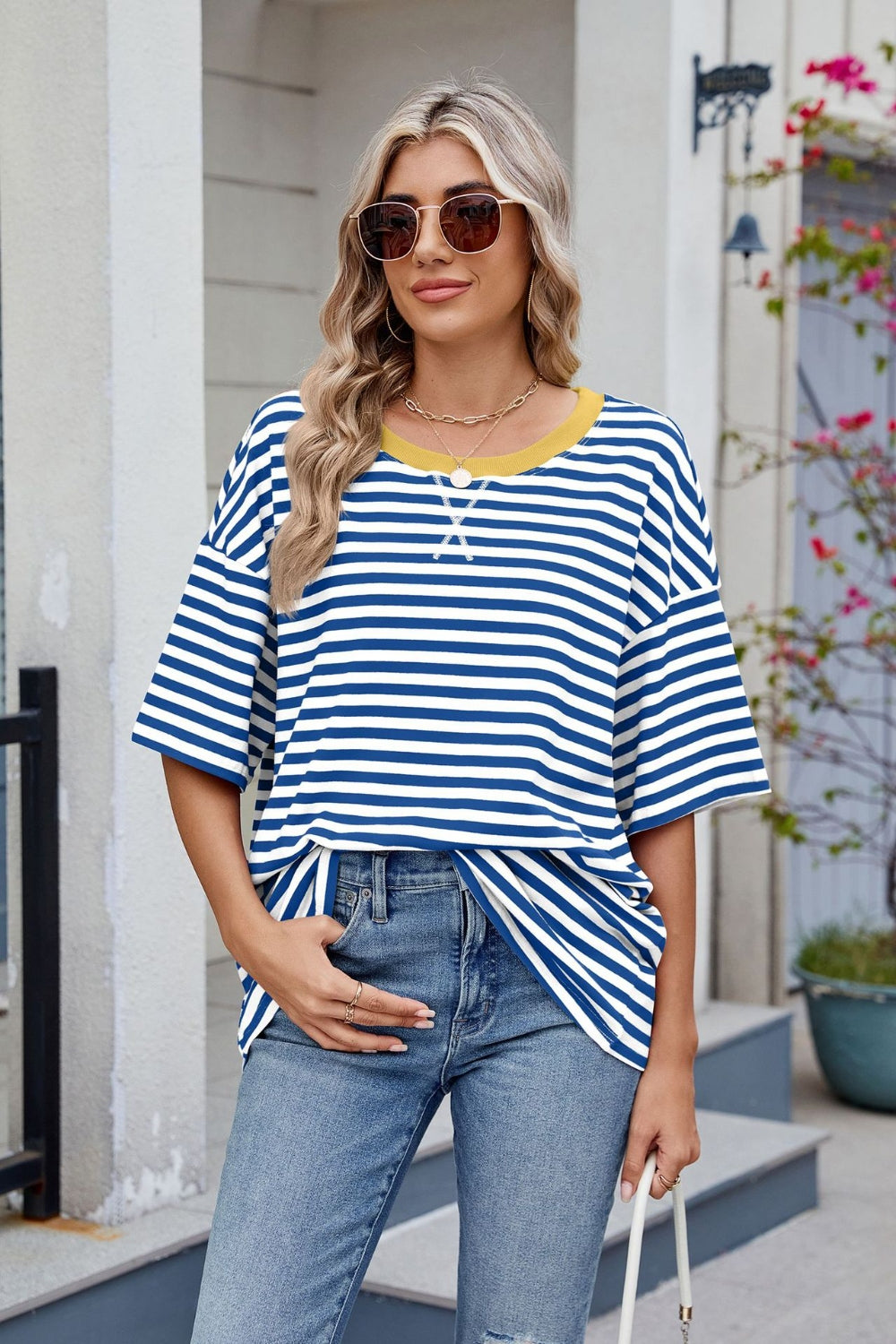 Contrast Striped Round Neck Half Sleeve T-Shirt