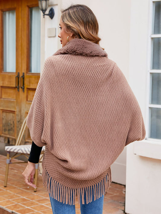 Open Front Fringe Hem Poncho - felvior