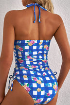 Floral Gingham Halter Neck Drawstring One Piece Swimwear