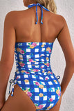 Floral Gingham Halter Neck Drawstring One Piece Swimwear - felvior