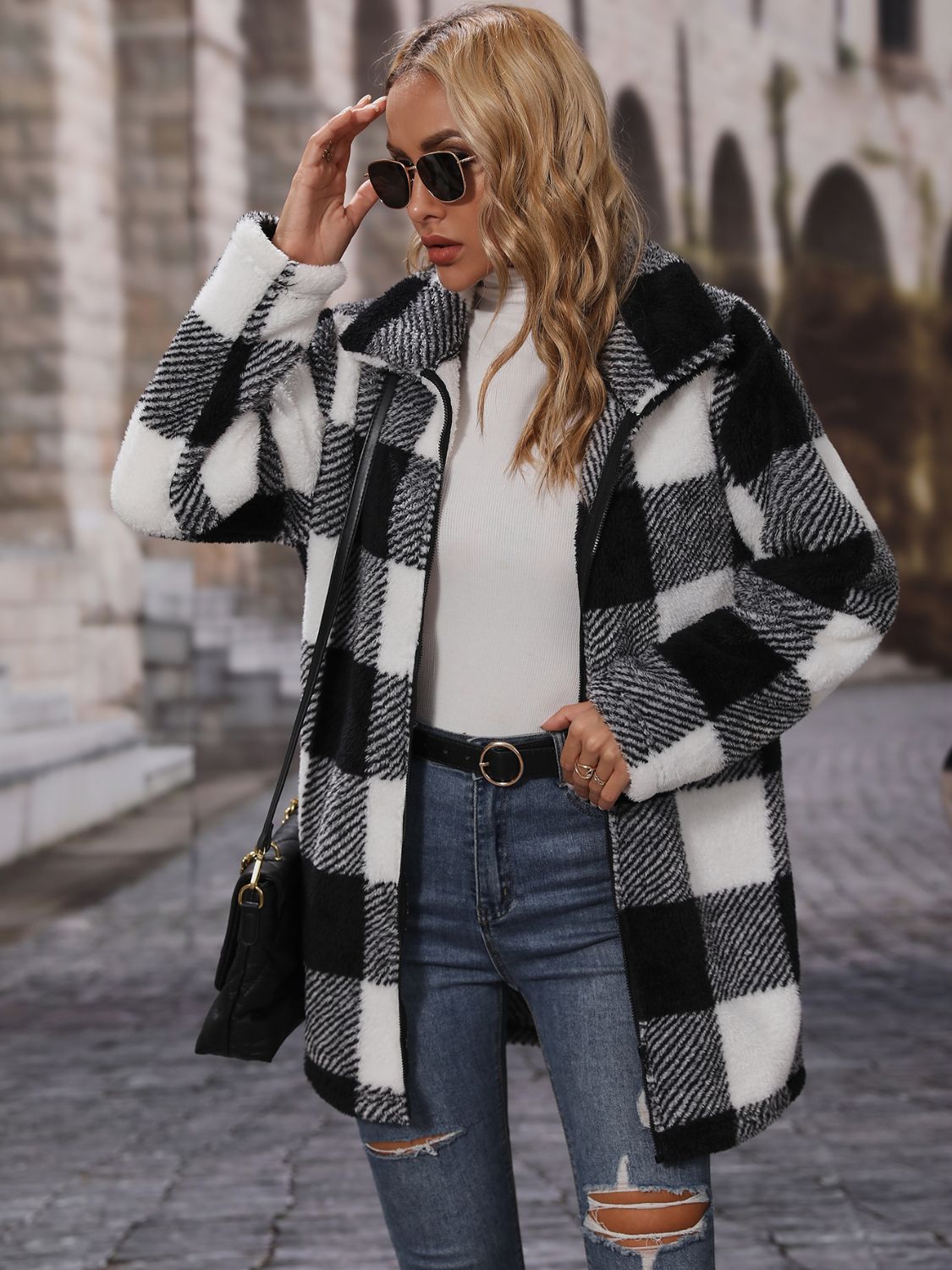 Plaid Collared Neck Coat with Pockets - felvior