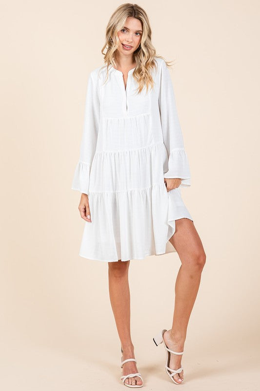 Mittoshop Tiered Notched Flare Sleeve Dress - felvior