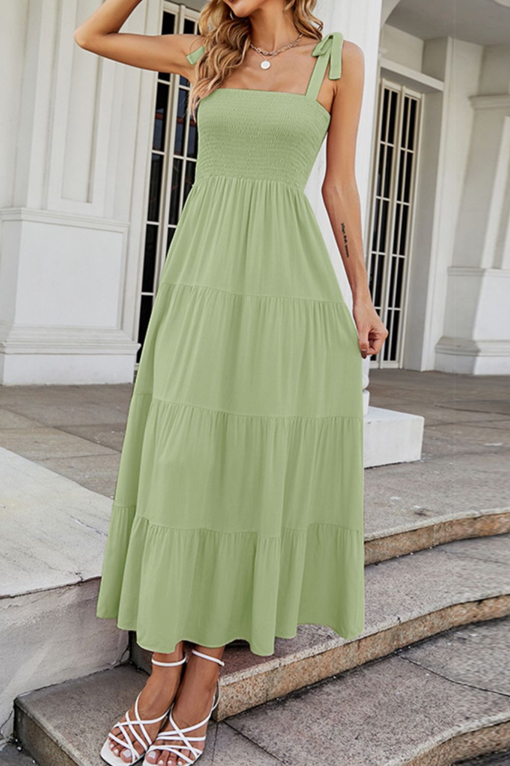 Tie-Shoulder Smocked Tiered Dress - felvior