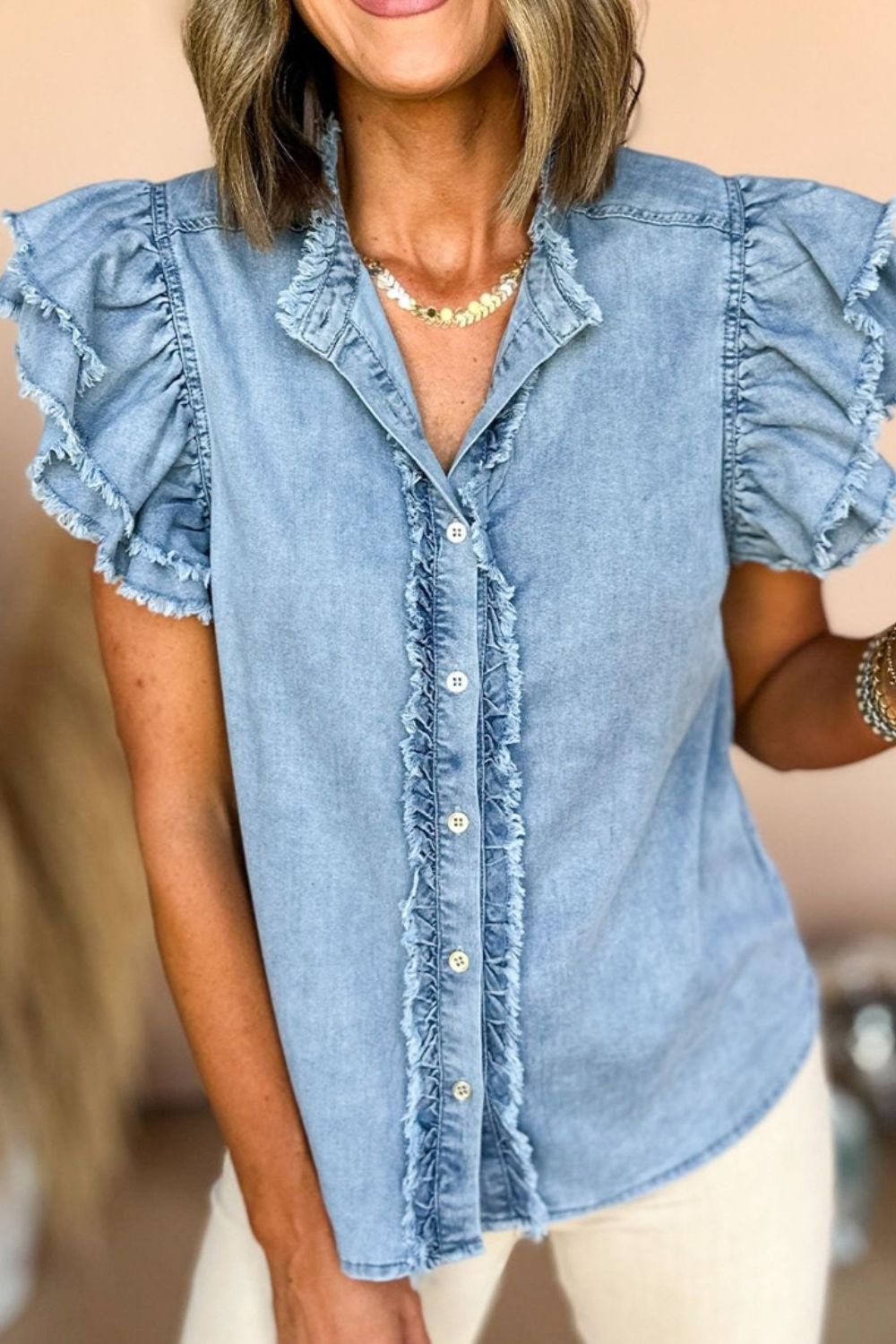 Button Down Raw Hem Ruffled Denim Shirt - felvior