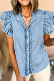 Button Down Raw Hem Ruffled Denim Shirt - felvior