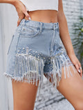 Distressed Pearl Trim Denim Shorts with Pockets - felvior