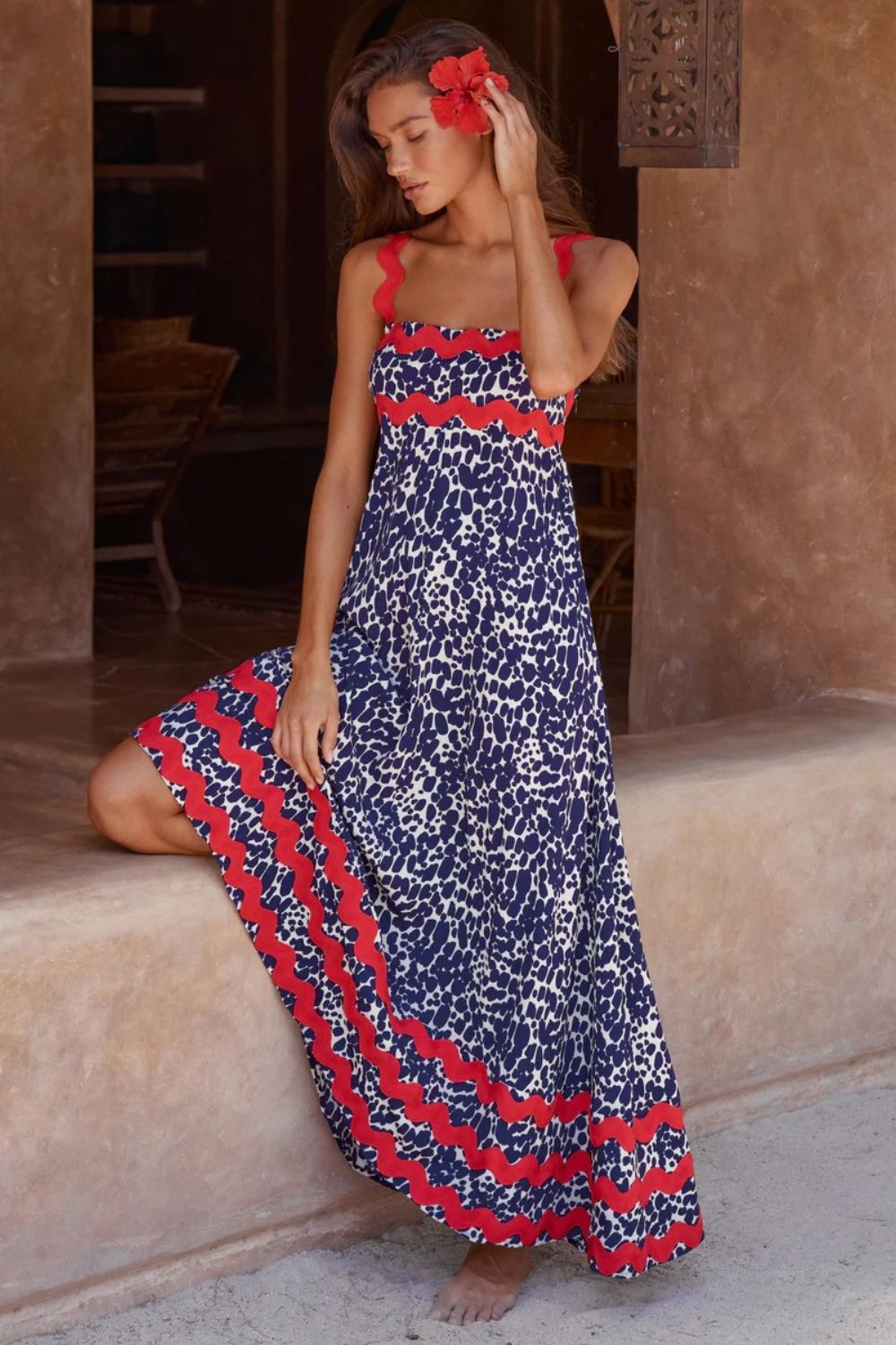 Printed Square Neck Wide Strap Maxi Dress - felvior