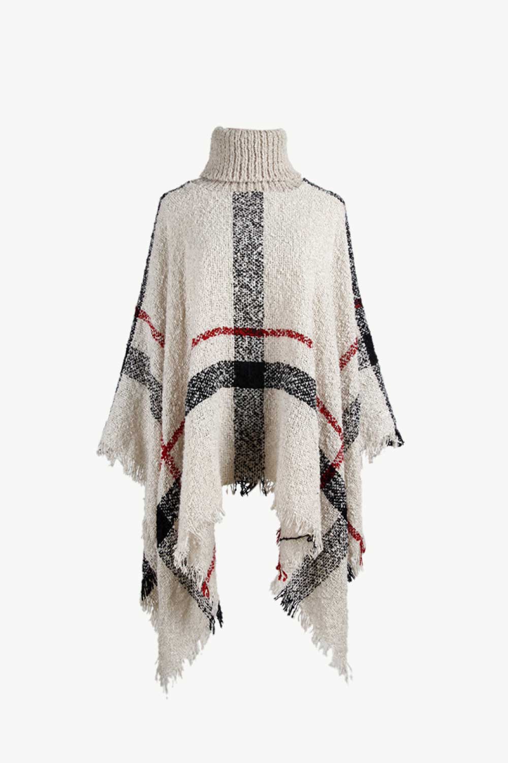 Plaid Turtleneck Raw Hem Poncho - felvior