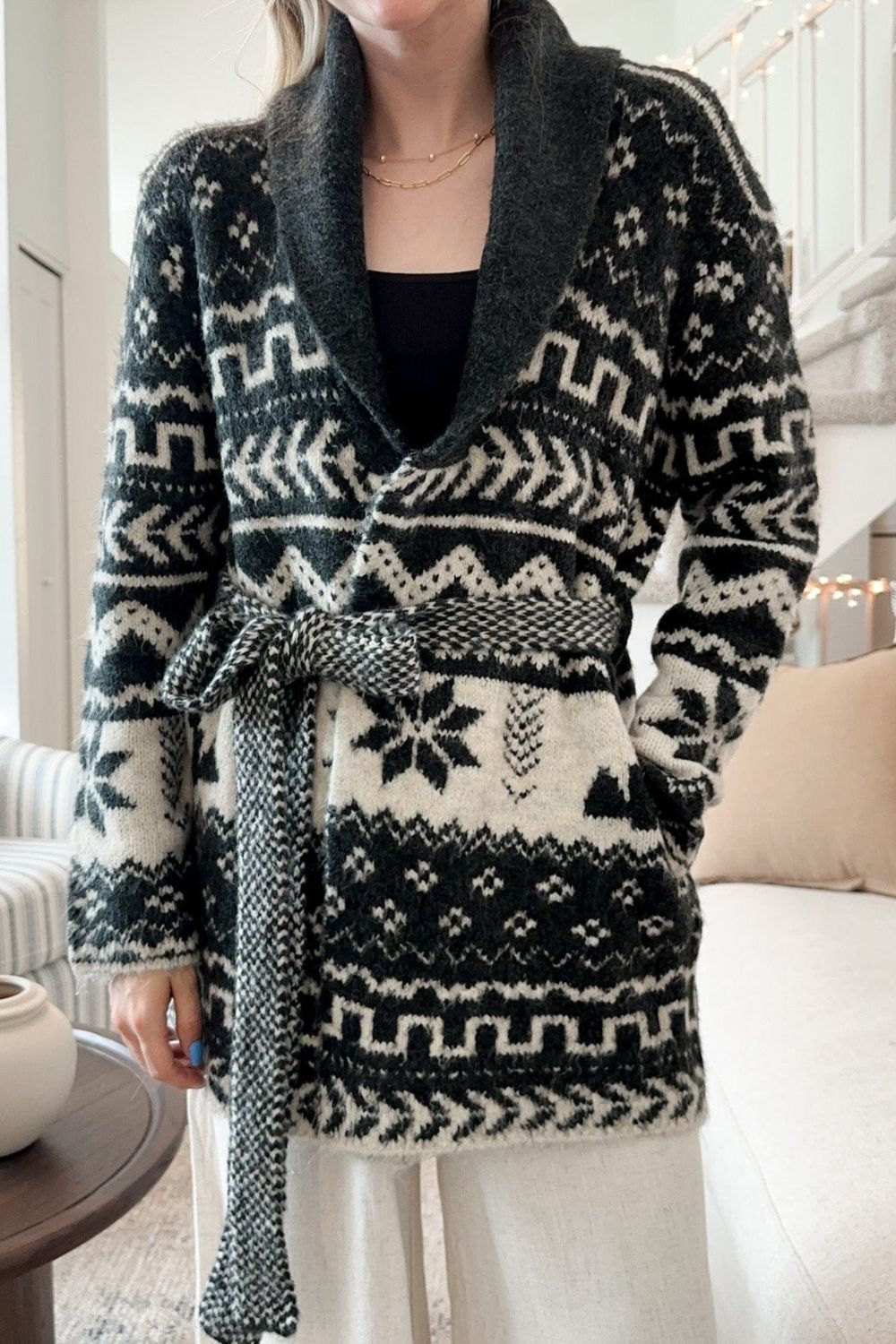 Snowflakes Collared Neck Long Sleeve Cardigan - felvior