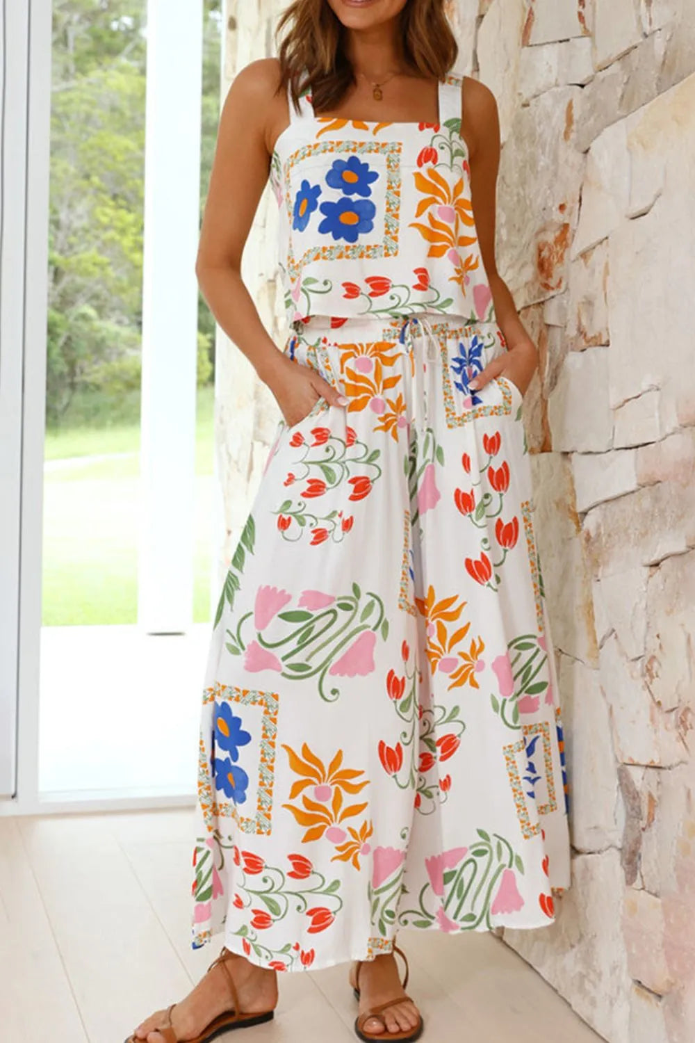 Printed Square Neck Top and Pants Set Main image