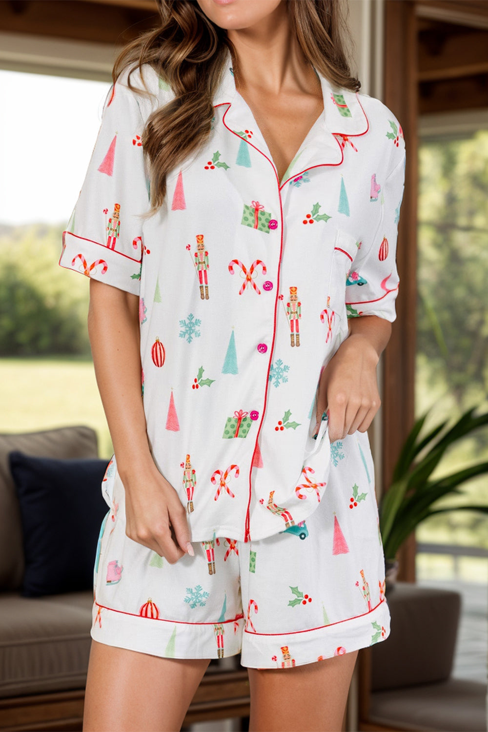 Printed Short Sleeve Top and Shorts Lounge Set Main image
