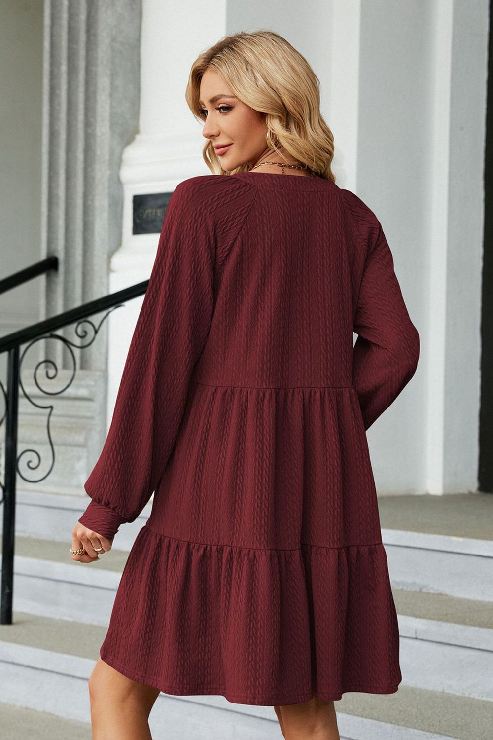 Notched Neck Long Sleeve Mini Dress - felvior