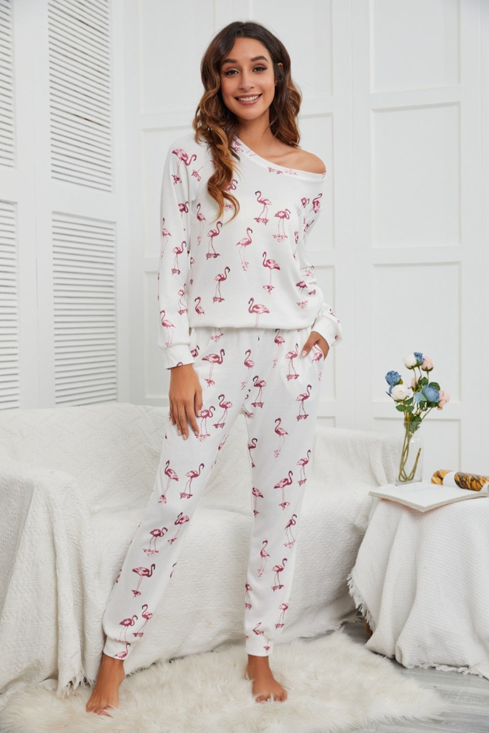 Flamingo Long Sleeve Top and Pants Lounge Set - felvior