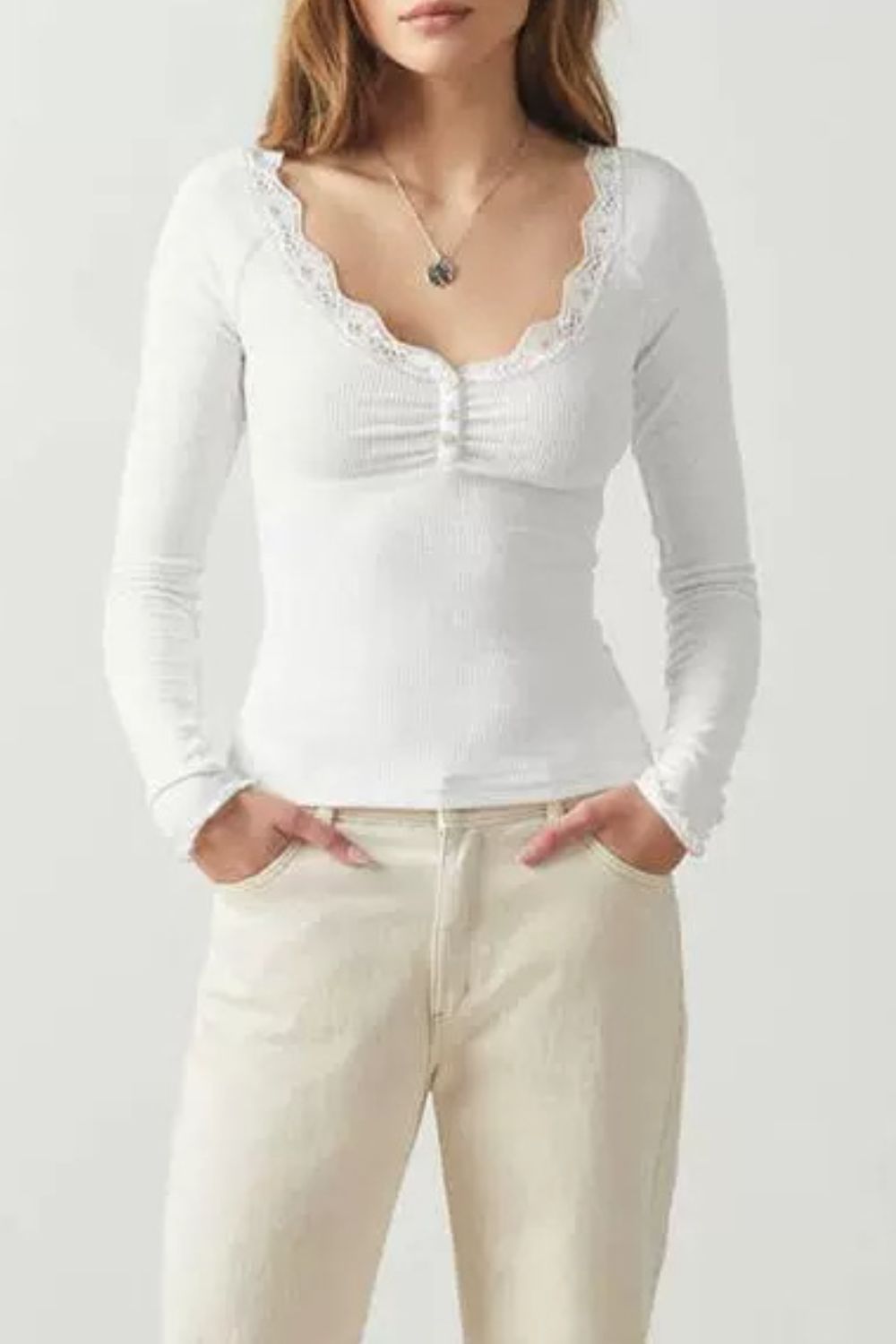 Lace Detail Scoop Neck Long Sleeve Top - felvior