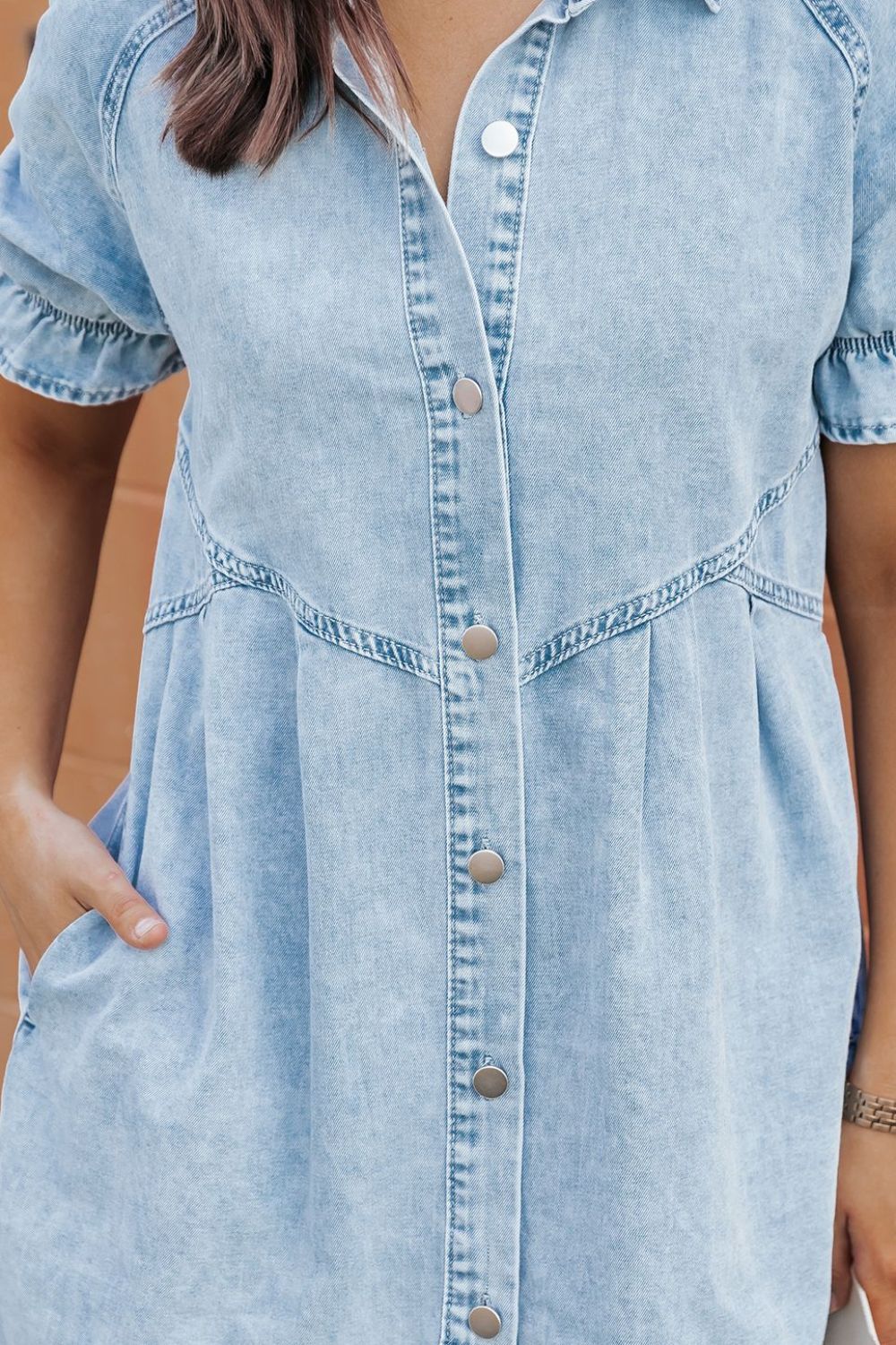 Mineral Wash Ruffle Sleeve Denim Dress - felvior