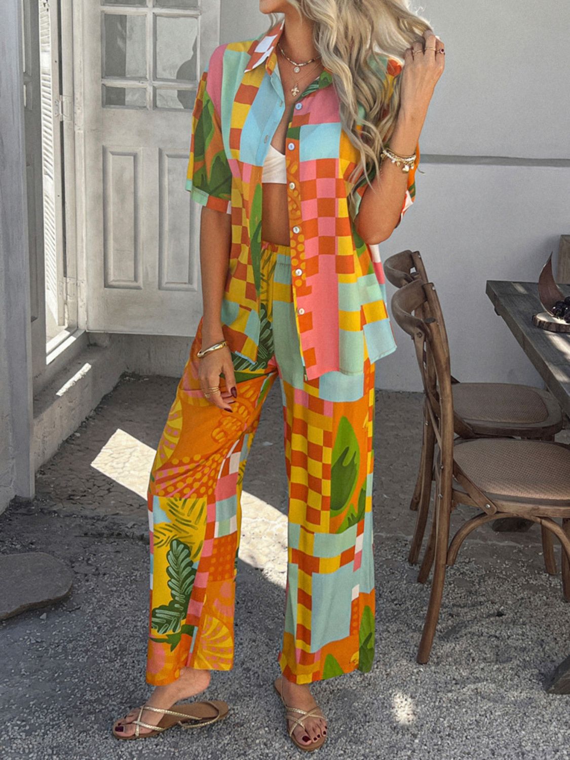 Devine Printed Button Down Shirt and Pants Set