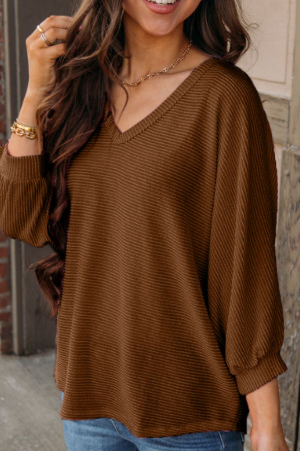 Texture V-Neck Long Sleeve Top - felvior