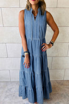 Tie Neck Tiered Maxi Denim Dress