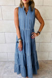 Tie Neck Tiered Maxi Denim Dress - felvior