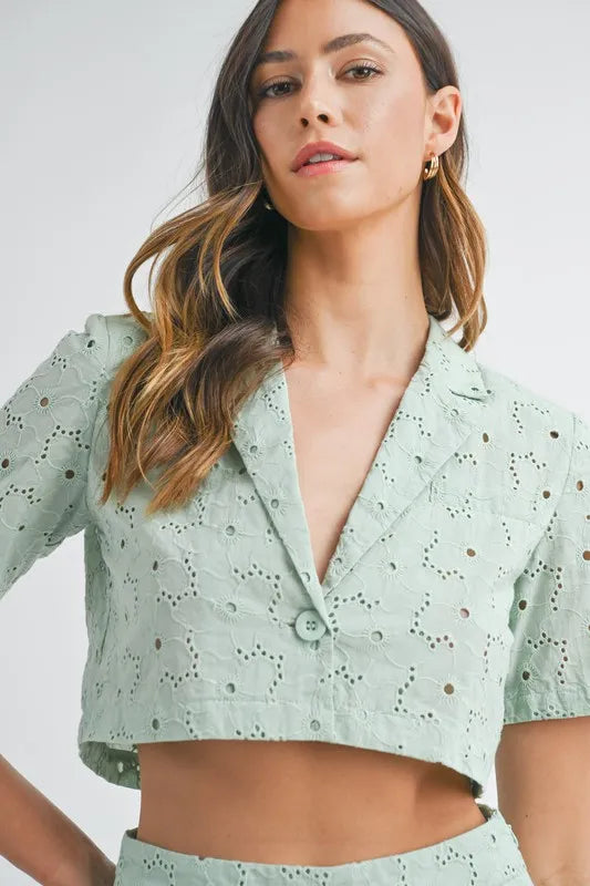 MABLE Eyelet Short Sleeve Crop Top and Shorts Set