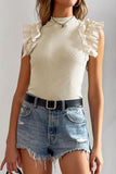 Ruffle Flutter Sleeve Mock Neck Ribbed Top - felvior