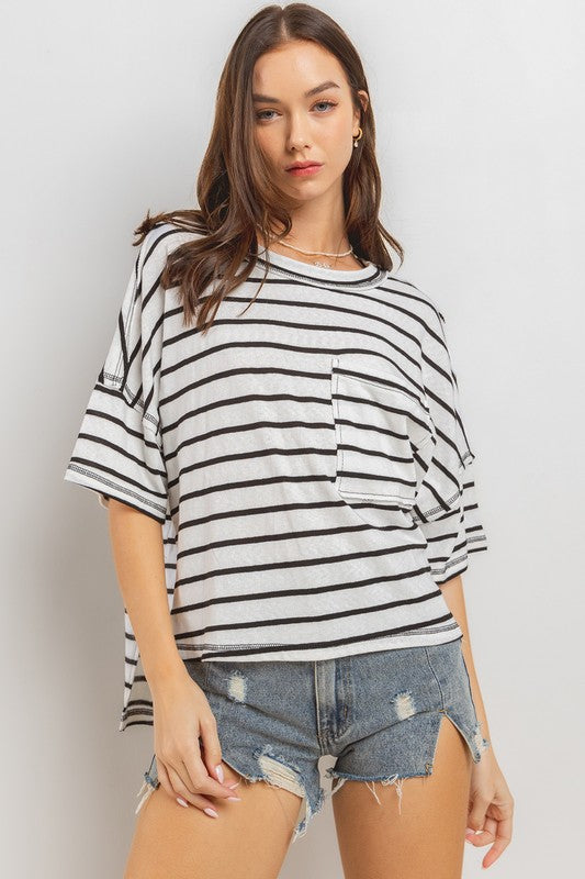Ces Femme Side Slit Striped Round Neck Half Sleeve T-Shirt