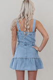 Ruffled Hem Button Front Square Neck Denim Dress - felvior