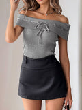 Perfee Tied Off-Shoulder Short Sleeve Knit Top - felvior