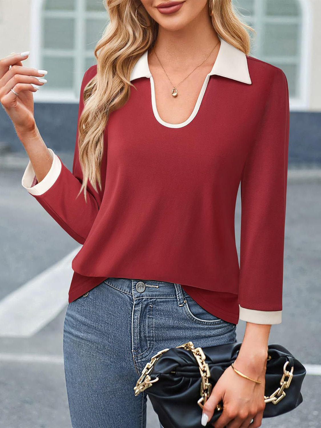 Contrast Collared Neck Long Sleeve Top - felvior