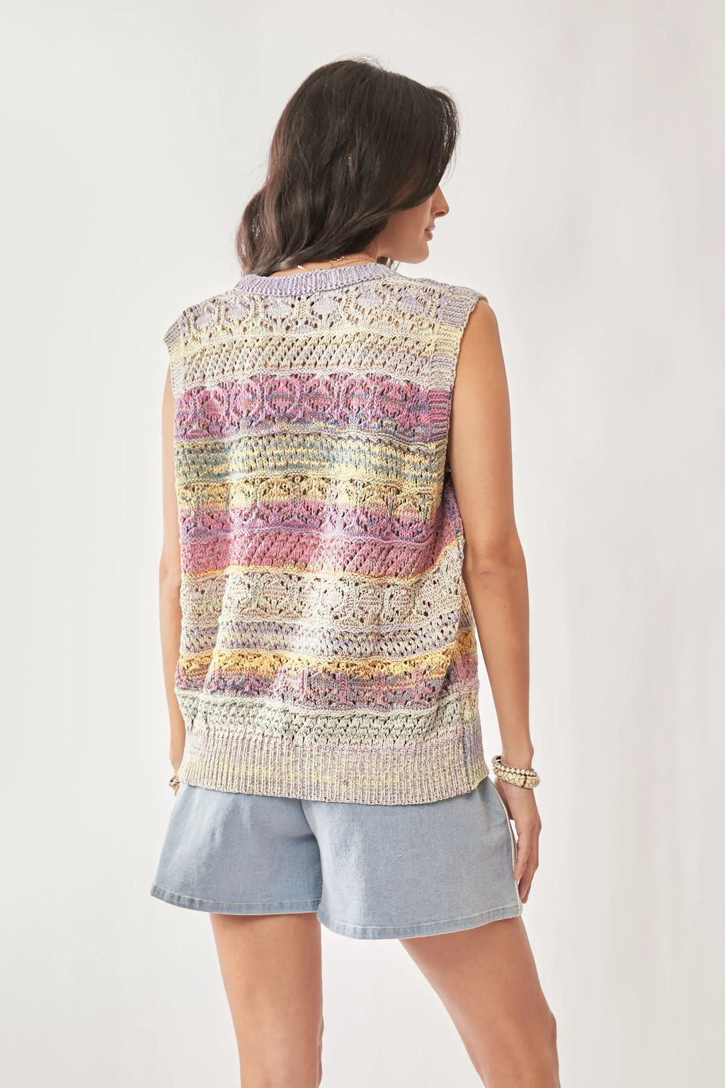 Davi & Dani Multi Color Crochet Sleeveless Knit Vest Top
