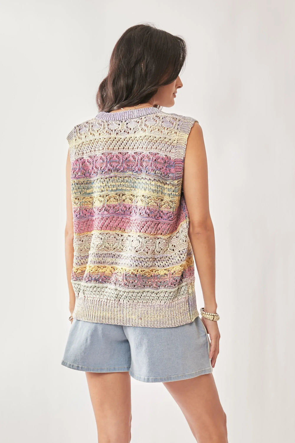 Davi & Dani Multi Color Crochet Sleeveless Knit Vest Top