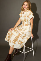 Umgee Full Size Abstract Print Elastic Waist Midi Dress Plus Size