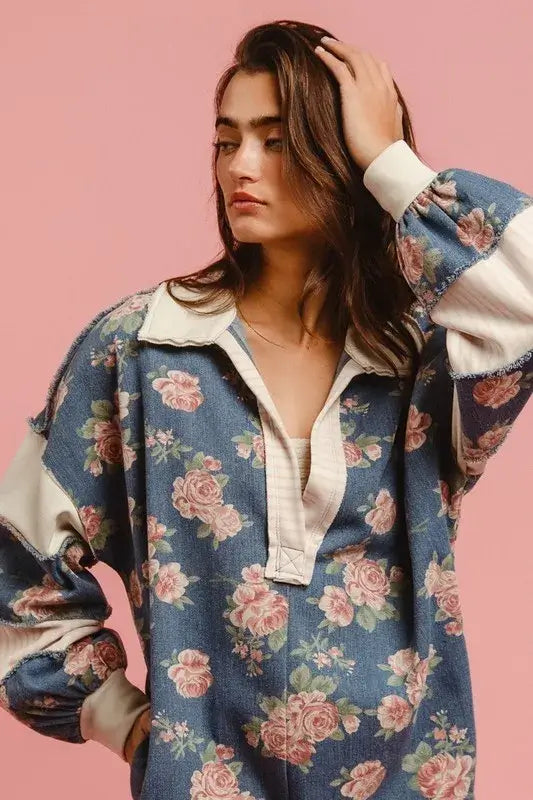 BiBi Washed Floral Denim Romper With Contrast Collar Hauptbild