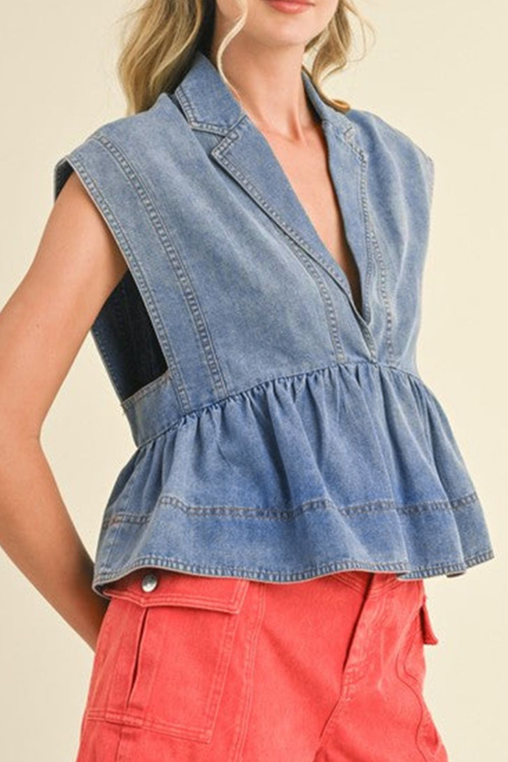 Lapel Collar Peplum Denim Top - felvior