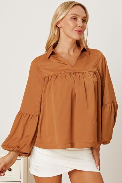 Balloon Sleeve Collared Neck Blouse - felvior