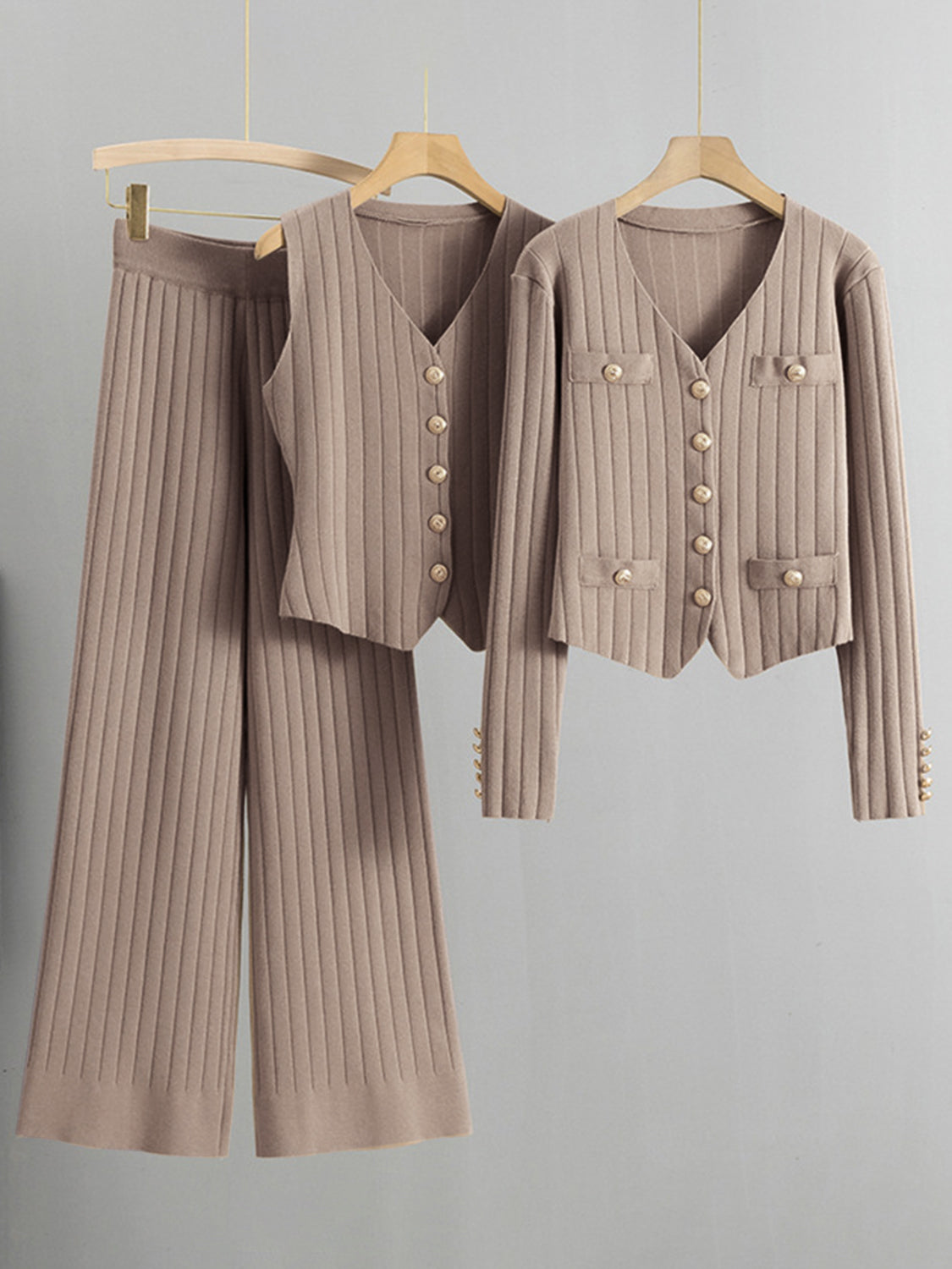 V-Neck Tank, Cardigan and Pants Three-Piece Sweater Set - felvior