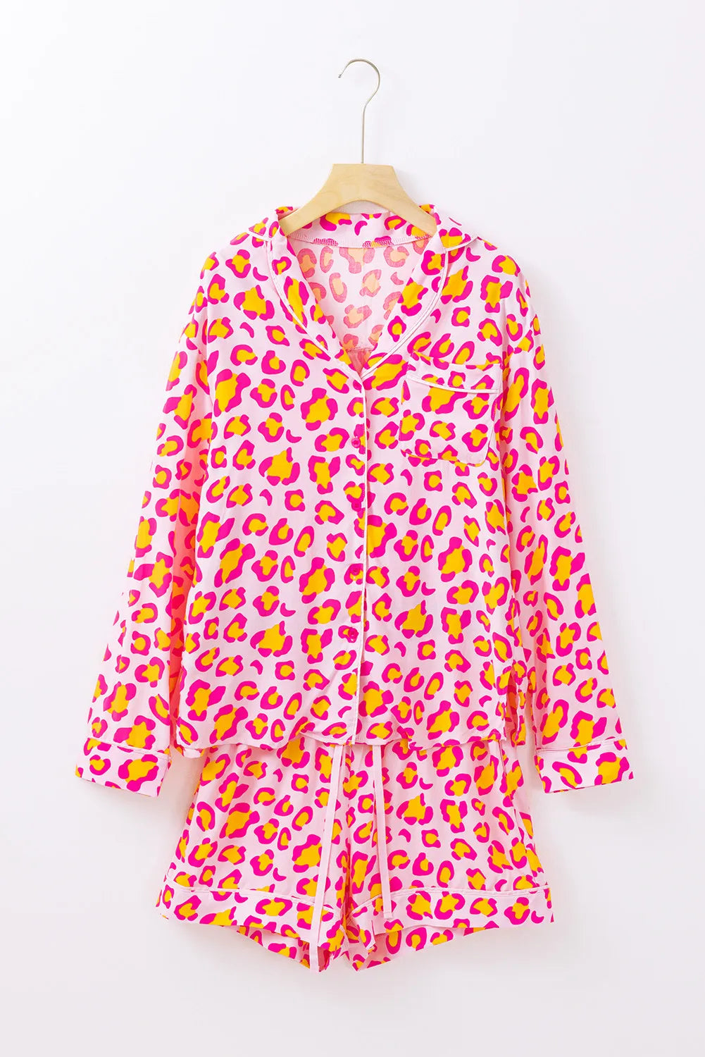 Leopard Collared Neck Long Sleeve Top and Shorts Lounge Set - felvior