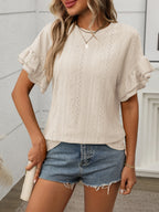 Eyelet Round Neck Flounce Sleeve Top