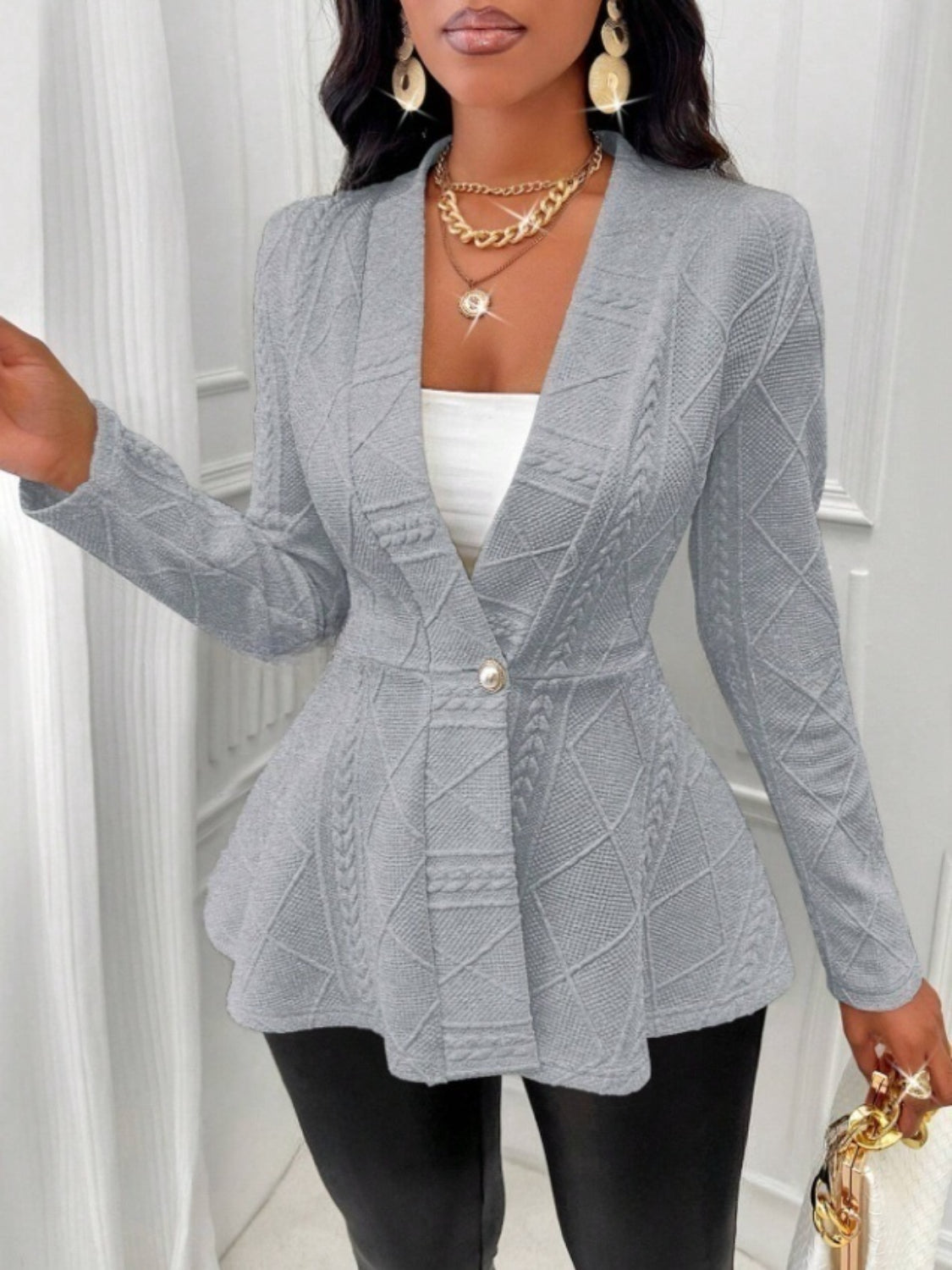 One Button Textured Peplum Cardigan - felvior