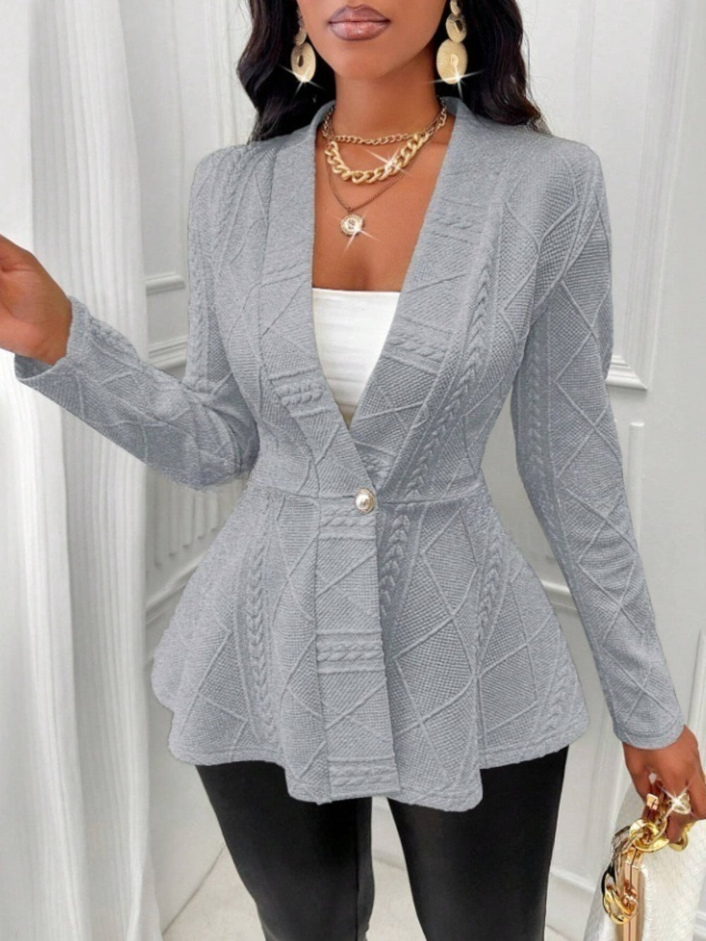 One Button Textured Peplum Cardigan