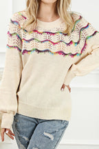 Openwork Wavy Striped Round Neck Sweater