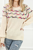 Openwork Wavy Striped Round Neck Sweater - felvior
