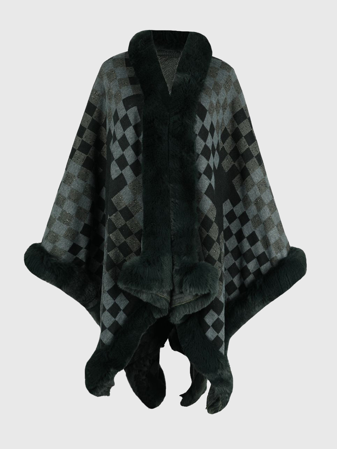Checkered Faux Fur Trim Poncho - felvior