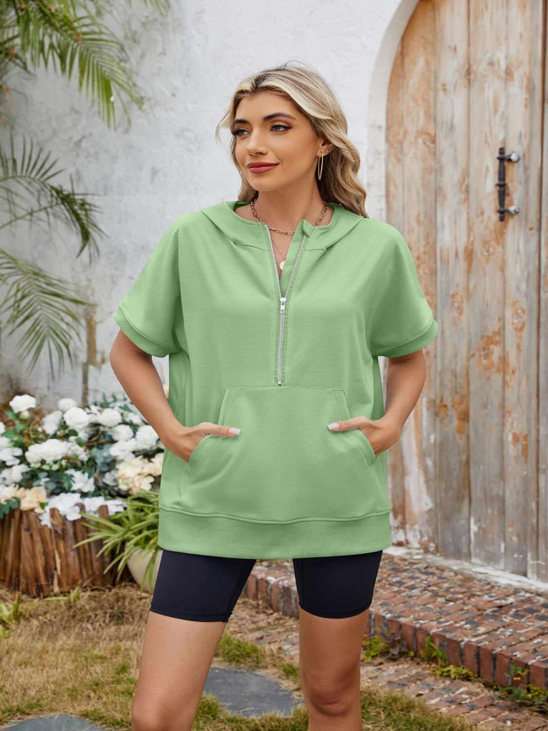 Half Zip Short Sleeve Hooded Top - felvior