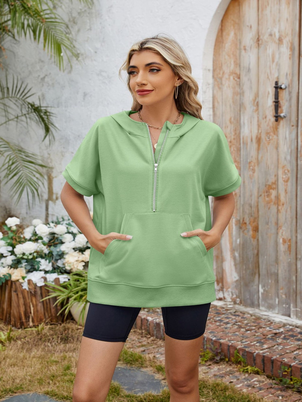 Half Zip Short Sleeve Hooded Top