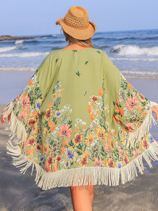 Plus Size Fringe Open Front Cover-Up - felvior