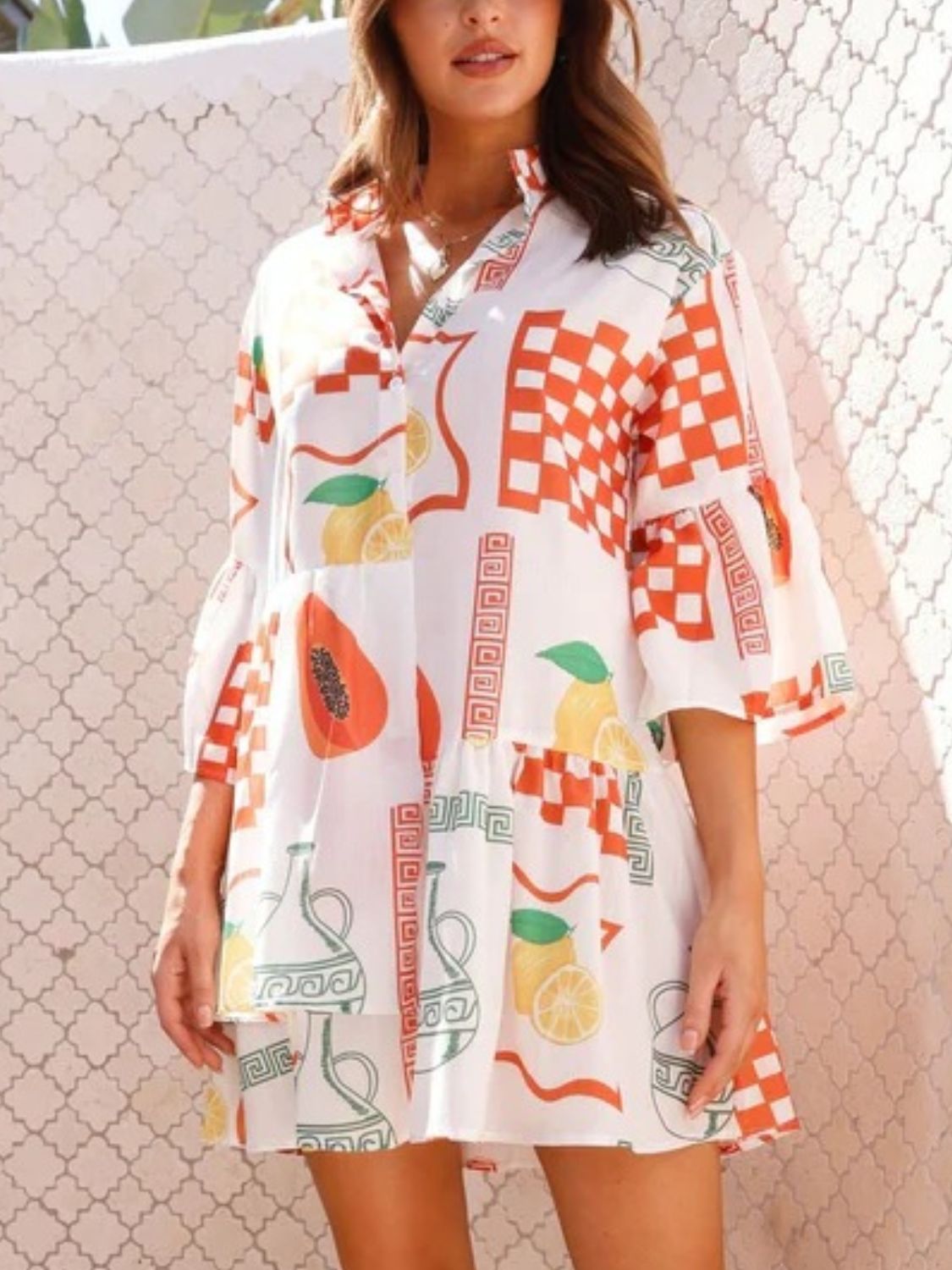 Printed Three-Quarter Sleeve Mini Dress - felvior